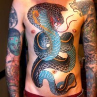 Beautiful coloured snake tattoo on chest and abdomen
