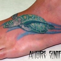 Beautiful coloured turtle tattoo on foot