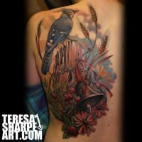 Beautiful designed multicolored half back tattoo of bird with broken tree, berries and flowers