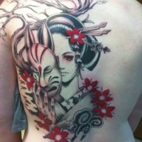 Beautiful geisha with a mask in hand tattoo on back