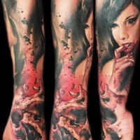 Beautiful girl with skull forearm tattoo by kamil terczynski