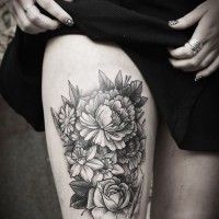Beautiful gray-ink flowers tattoo on thigh