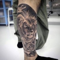 Beautiful gray washed style leg tattoo lion family