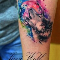 Beautiful illustrative style colored forearm tattoo of wolf and moon