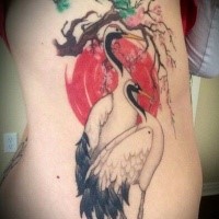beautiful illustrative style colored side tattoo of birds and blooming tree