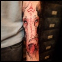 Beautiful illustrative style colored sleeve tattoo of elephant with lettering