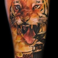 Beautiful illustrative style tattoo of roaring tiger and Asian city