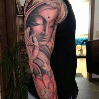 Beautiful large colored sleeve tattoo of Buddha statue with various flowers