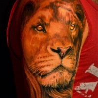 Tatuaggio colorato sul deltoide il leone by Fernando Souza