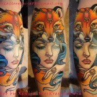 Beautiful looking colored arm of woman with fox skin