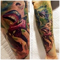 Beautiful looking colored arm tattoo of seductive woman with cherry