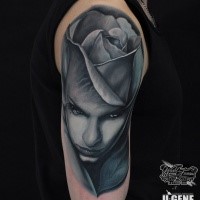 Beautiful looking colored arm tattoo of big rose stylized with woman face