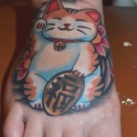 Beautiful looking colored foot tattoo of cute maneki neko japanese lucky cat with small tablet