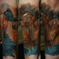 Beautiful looking colored forearm tattoo of horses and mermaid