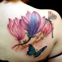 Beautiful looking colored scapular tattoo of flowers with dragonfly and butterfly