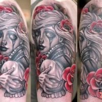 Beautiful looking colored shoulder tattoo of crying woman portrait with red flowers