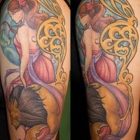 Beautiful looking colored shoulder tattoo of woman with lion