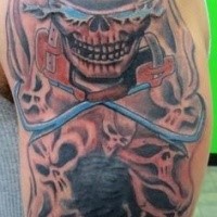 Beautiful looking colored shoulder tattoo of creepy lineman demon with