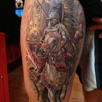 Beautiful looking colored thigh tattoo of illustrative medieval knight horse rider