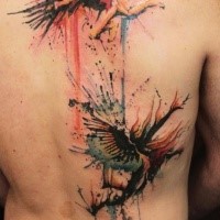 Beautiful looking colored whole back tattoo of flying Icarus