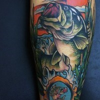 Beautiful multicolored big fish in water tattoo on leg