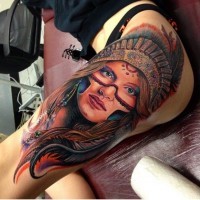 Beautiful native american girl tattoo on thigh by Roman Abrego