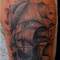 Beautiful old ship tattoo on shoulder