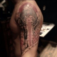 Beautiful ornamental style colored shoulder tattoo of elephant with symbols