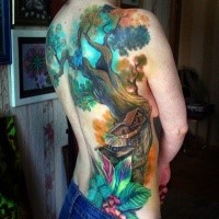 Beautiful painted and colored big back tattoo of tree house with flowers