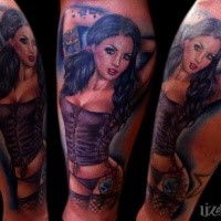 Beautiful painted and colored shoulder tattoo of sexy woman