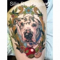 Beautiful painted and colored thigh tattoo of dog with flowers and apple