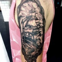 Beautiful painted black and white old ship nautical portrait arm tattoo