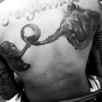Beautiful painted black ink father and kid with globe and lettering tattoo on upper back