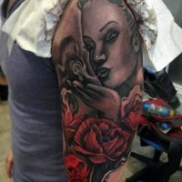 Beautiful painted half colored seductive woman shoulder tattoo with flowers