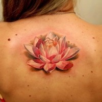 Beautiful pink white lotus tattoo on back by Dmitriy Samohin