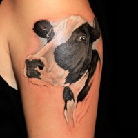 Beautiful realistic cow portrait tattoo on shoulder