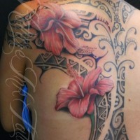 bellissimi fiori ibisco rossi e modelli  neri tatuaggio sulla schiena