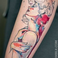 Beautiful style painted and colored big woman tattoo on arm
