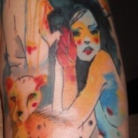 Beautiful watercolor girl and cheetah tattoo on shoulder