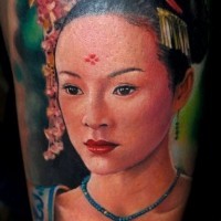 Beautiful watercolor realistic geisha tattoo