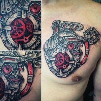 Bic colored mechanical heart tattoo on chest