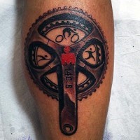 Bicycle themed colored and detailed tattoo on leg