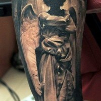 Big 3D like black ink dark angel statue tattoo on forearm