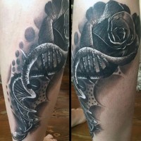 Big 3D like black ink rose with DNA tattoo on leg