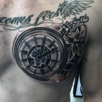 Big 3D realistic old pocket clock tattoo on chest with flowers and lettering