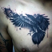 Big abstract style black ink crow tattoo on chest