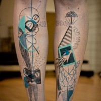 Tatuaje en la pierna, diseño surrealista de colores, estilo abstracto