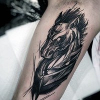 Big abstract style painted demonic horse tattoo on arm