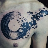 Big abstract style vinyl record tattoo on chest