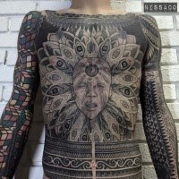 Big amazing painted and detailed whole body tattoo of mystic face with ornaments